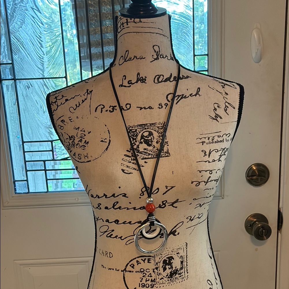 NWT’s-Chico's Black and Silver Necklace with Orange Accent/w/leather necklace.